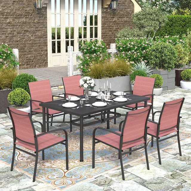 Main image of HERA'S HOUSE 7pc Patio Dining Set for 6, Textilene Chairs, Red | 64" rectangular metal table with umbrella hole. Waterproof, rust-resistant, all-weather for outdoor backyard, porch