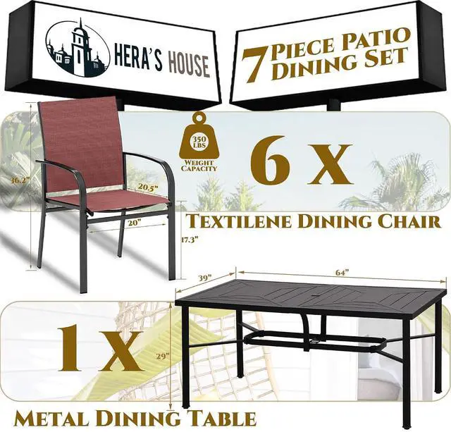 Alt view image 6 of 7 - HERA'S HOUSE 7pc Patio Dining Set for 6, Textilene Chairs, Red | 64" rectangular metal table with umbrella hole. Waterproof, rust-resistant, all-weather for outdoor backyard, porch