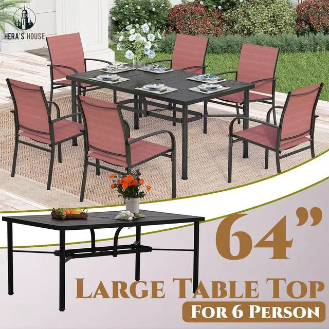 Alt view image 7 of 7 - HERA'S HOUSE 7pc Patio Dining Set for 6, Textilene Chairs, Red | 64" rectangular metal table with umbrella hole. Waterproof, rust-resistant, all-weather for outdoor backyard, porch