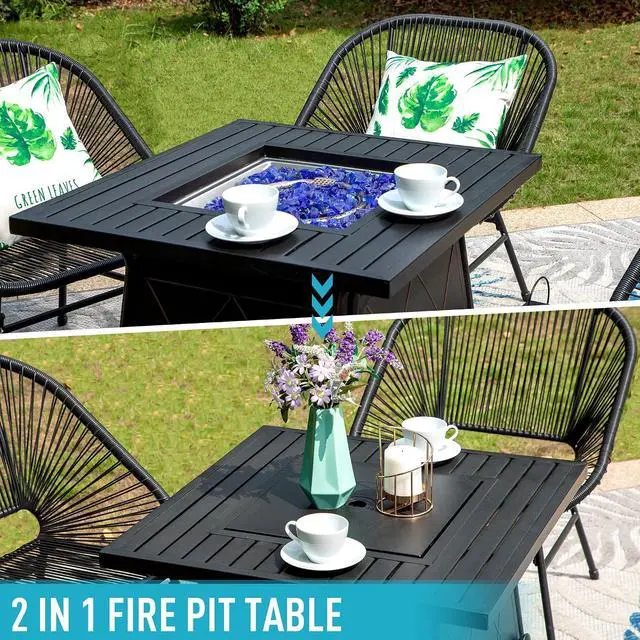 Alt view image 2 of 7 - HERA'S HOUSE 5 Pieces Patio Fire Table Set, 4 Rattan Patio Chairs with 25" Propane Fire Pit, Outdoor Furniture Conversation Set for Garden, Backyard