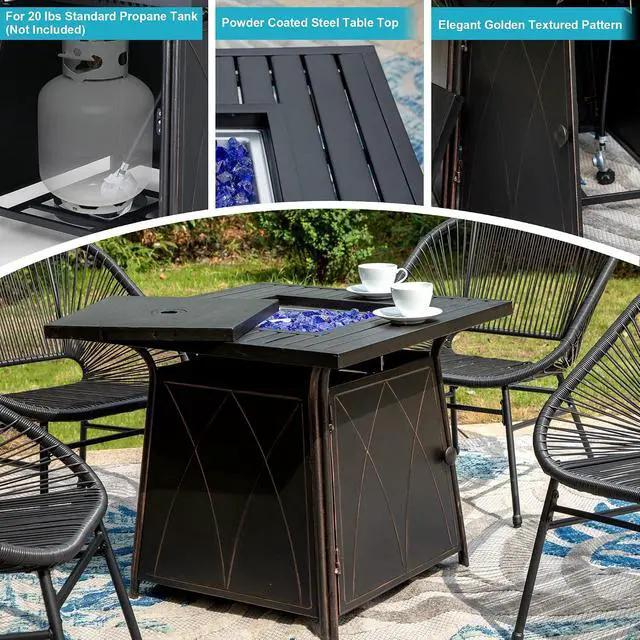 Alt view image 4 of 7 - HERA'S HOUSE 5 Pieces Patio Fire Table Set, 4 Rattan Patio Chairs with 25" Propane Fire Pit, Outdoor Furniture Conversation Set for Garden, Backyard
