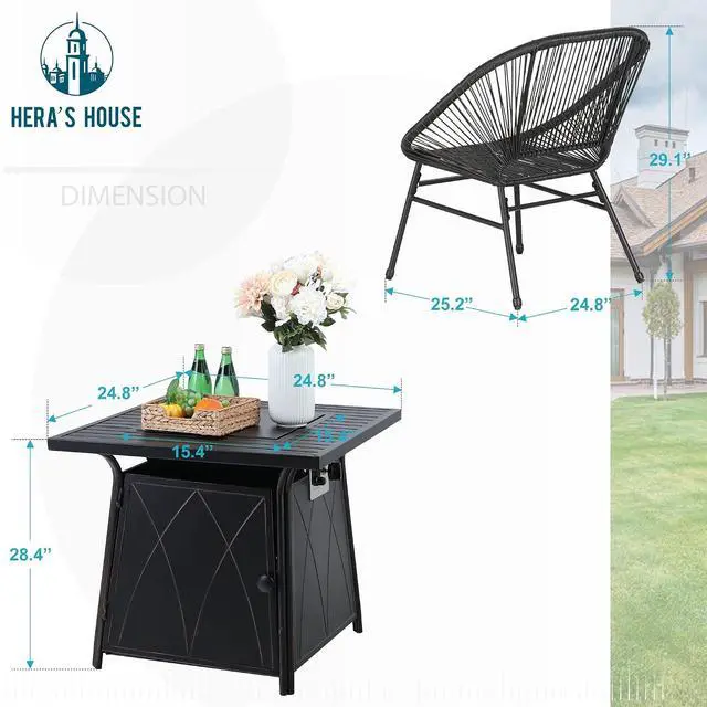Alt view image 7 of 7 - HERA'S HOUSE 5 Pieces Patio Fire Table Set, 4 Rattan Patio Chairs with 25" Propane Fire Pit, Outdoor Furniture Conversation Set for Garden, Backyard