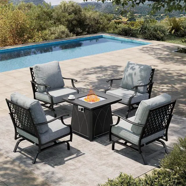 Main image of HERA'S HOUSE 5 Pieces Patio Furniture Set with Fire Pit Table, 4 x Thick Cushioned Rocking Chairs, 1 x 28 Fire Pit Table (50,000 BTU), Outdoor Conversation Set for Garden, Backyard, Lawn, Grey