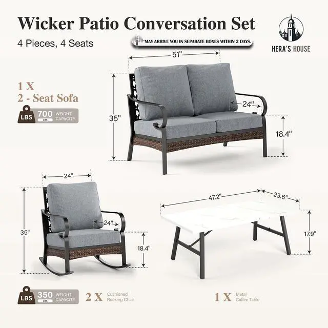 Alt view image 7 of 7 - HERA'S HOUSE 4 Pieces Metal Patio Furniture Set, 2 x Rocking Cushioned Chair, 2-Seat Lover Sofa with Coffee Table, All Weather Outdoor Conversation Set for Lawn Garden Backyard Deck, Grey