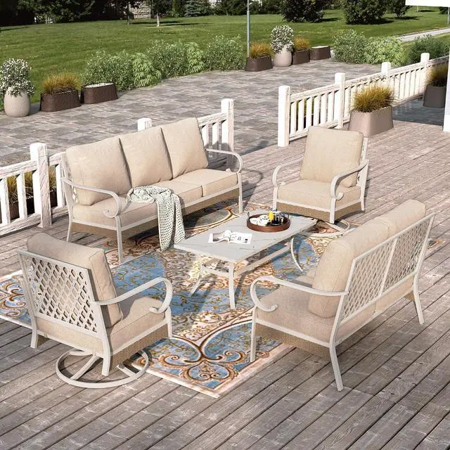Main image of HERA'S HOUSE 5-Piece Metal Outdoor Conversation Set, 7 Seats | White Frame/beige, Coffee Table, Single chairs could support up to 350lbs
