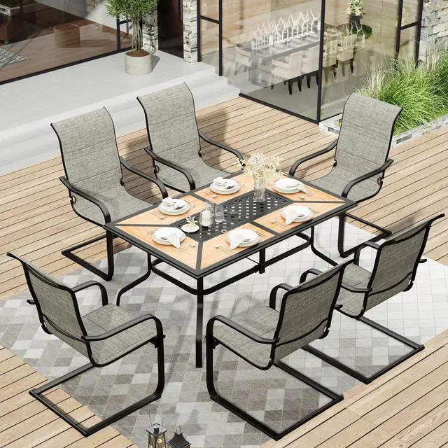 Main image of HERA'S HOUSE 7 Pieces Patio Dining Set, Outdoor Dining Set for 6, 6 x Textilene Padded C-Spring Dining Chair, 1 x Rectangular Large Surface Wood Like Table, for Lawn Garden Backyard