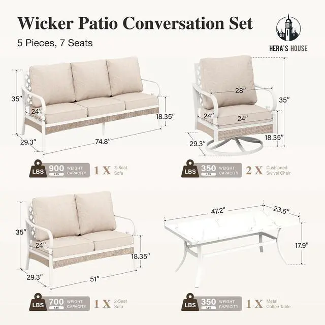 Alt view image 7 of 7 - HERA'S HOUSE 5-Piece Metal Outdoor Conversation Set, 7 Seats | White Frame/beige, Coffee Table, Single chairs could support up to 350lbs