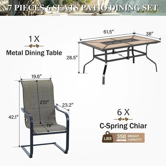 Alt view image 7 of 7 - HERA'S HOUSE 7 Pieces Patio Dining Set, Outdoor Dining Set for 6, 6 x Textilene Padded C-Spring Dining Chair, 1 x Rectangular Large Surface Wood Like Table, for Lawn Garden Backyard