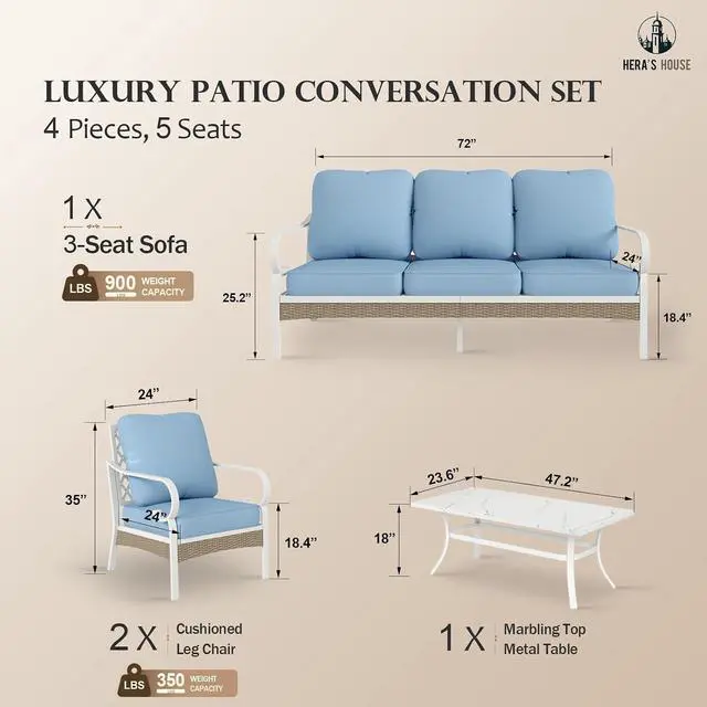 Alt view image 7 of 7 - HERA'S HOUSE 4 Piece Patio Furniture Set, 2 x Cushioned Metal Chair, 1 x 3-Seat Sofa with Marbling Coffee Table, All Cushioned 5 Seats Outdoor Conversation Set for Lawn Garden Backyard, Blue