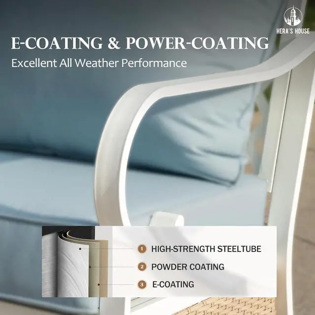 Alt view image 6 of 7 - HERA'S HOUSE 4 Piece Patio Furniture Set, 2 x Cushioned Metal Chair, 1 x 3-Seat Sofa with Marbling Coffee Table, All Cushioned 5 Seats Outdoor Conversation Set for Lawn Garden Backyard, Blue
