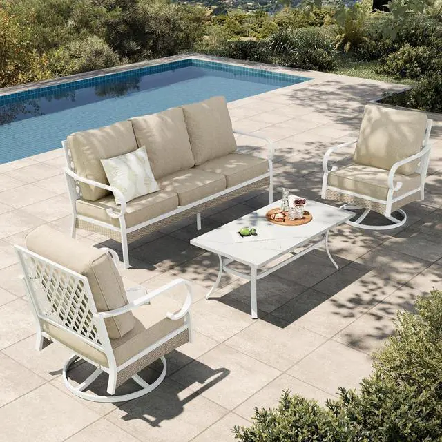 Main image of HERA'S HOUSE 4-Piece Rattan Metal Outdoor Conversation Set, 5 Seats | White/beige, Coffee Table, Single chairs could support up to 350lbs