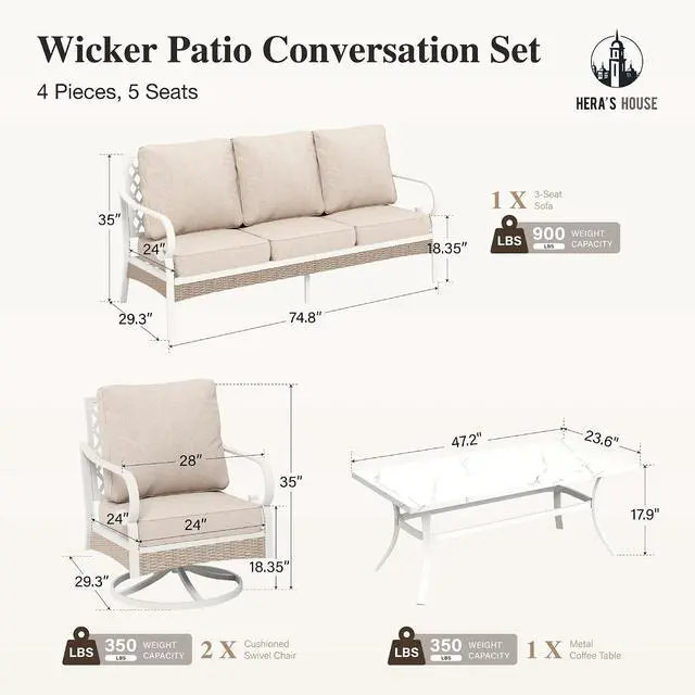 Alt view image 7 of 7 - HERA'S HOUSE 4-Piece Rattan Metal Outdoor Conversation Set, 5 Seats | White/beige, Coffee Table, Single chairs could support up to 350lbs