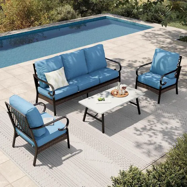Main image of HERA'S HOUSE 4-Piece Metal Outdoor Conversation Set, 5 Seats | Black/Navy Blue, Coffee Table, Single chairs could support up to 350lbs