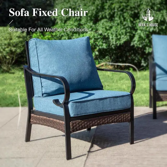 Alt view image 5 of 7 - HERA'S HOUSE 4-Piece Metal Outdoor Conversation Set, 5 Seats | Black/Navy Blue, Coffee Table, Single chairs could support up to 350lbs