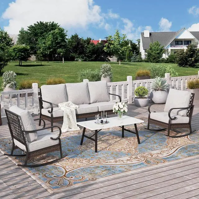 Main image of HERA'S HOUSE 4-Piece Metal Outdoor Conversation Set, 5 Seats | Black/Light Gray, Coffee Table, Single chairs could support up to 350lbs