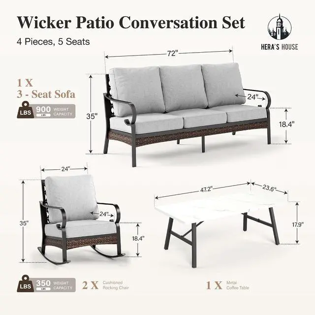 Alt view image 7 of 7 - HERA'S HOUSE 4-Piece Metal Outdoor Conversation Set, 5 Seats | Black/Light Gray, Coffee Table, Single chairs could support up to 350lbs