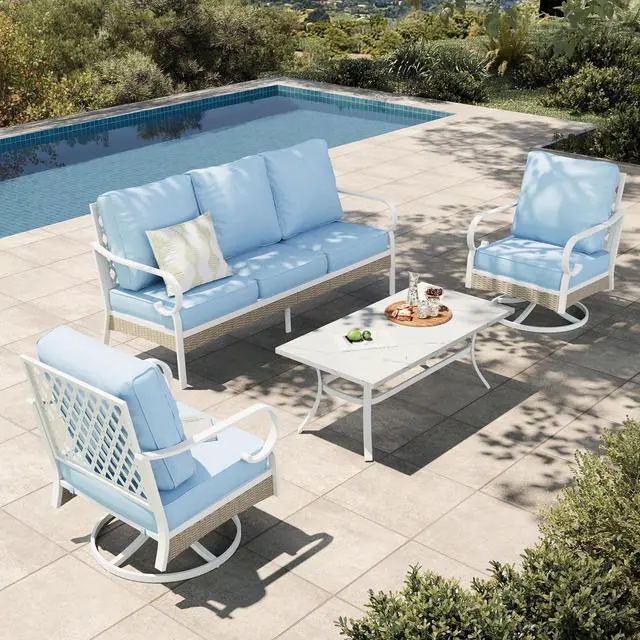 Main image of HERA'S HOUSE 4-Piece Rattan Metal Patio Conversation Set, 5-Seat, White | 2 Swivel Chairs, 1 3-Seat Sofa, Swivel Chairs, Coffee Table, All-Weather, For Garden, Deck, Backyard