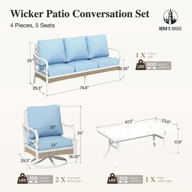 Alt view image 7 of 7 - HERA'S HOUSE 4-Piece Rattan Metal Patio Conversation Set, 5-Seat, White | 2 Swivel Chairs, 1 3-Seat Sofa, Swivel Chairs, Coffee Table, All-Weather, For Garden, Deck, Backyard