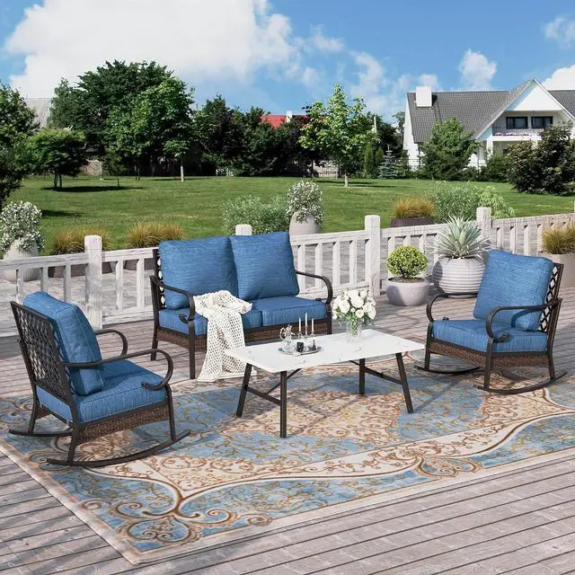 Main image of HERA'S HOUSE 4-Piece Metal Outdoor Conversation Set, 4 Seats | Black/Pacific Blue, Coffee Table, Single chairs could support up to 350lbs