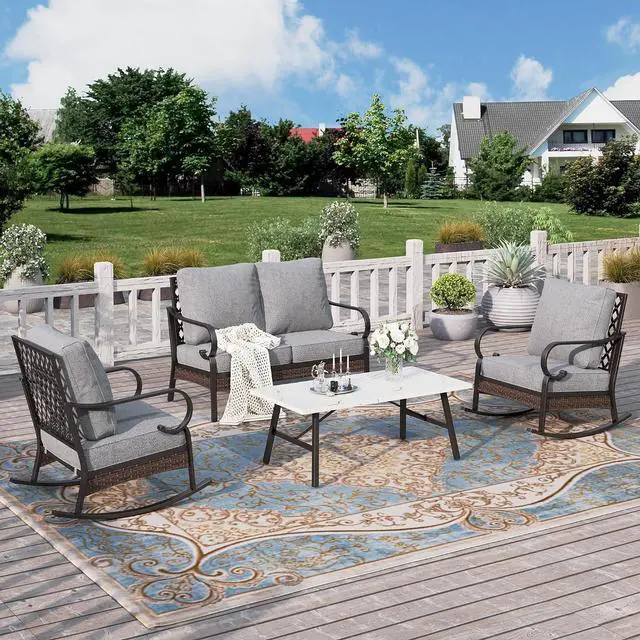 Main image of HERA'S HOUSE 4-Piece Metal Outdoor Conversation Set, 4 Seats, Black/Gray | Coffee Table, Single chairs could support up to 350lbs