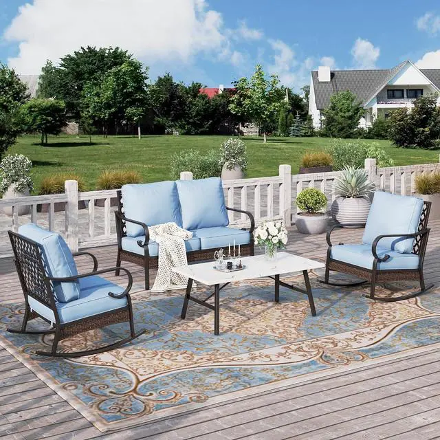 Main image of HERA'S HOUSE 4 Piece Metal Patio Furniture Set, 2 x Rocking Cushioned Chair, 2-Seat Lover Sofa with Coffee Table, All Weather Outdoor Conversation Set for Lawn Garden Backyard Deck, Blue