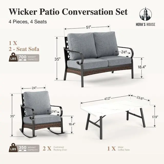 Alt view image 7 of 7 - HERA'S HOUSE 4-Piece Metal Outdoor Conversation Set, 4 Seats, Black/Gray | Coffee Table, Single chairs could support up to 350lbs