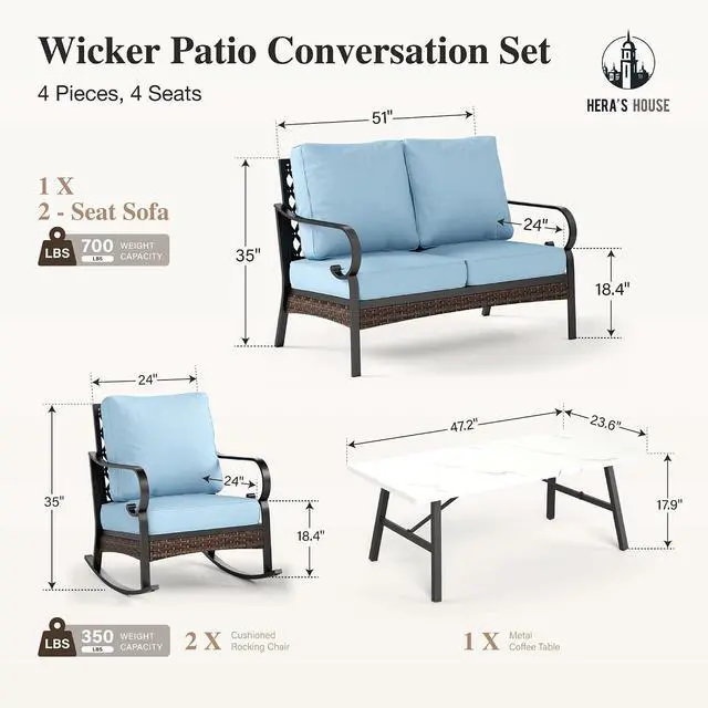 Alt view image 7 of 7 - HERA'S HOUSE 4 Piece Metal Patio Furniture Set, 2 x Rocking Cushioned Chair, 2-Seat Lover Sofa with Coffee Table, All Weather Outdoor Conversation Set for Lawn Garden Backyard Deck, Blue