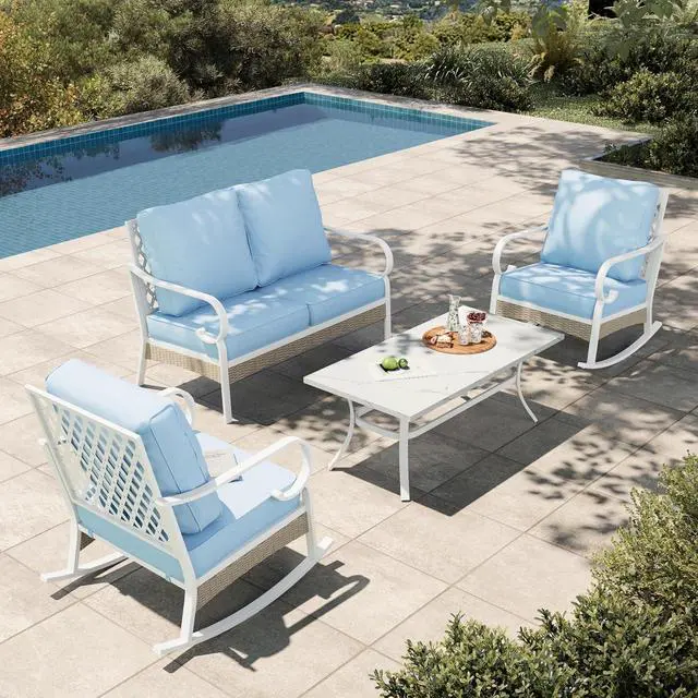 Main image of HERA'S HOUSE 4-Piece Rattan Metal Patio Conversation Set, 4-Seat, White | Rocking Chairs, Coffee Table, All-Weather, For Garden, Deck, Backyard