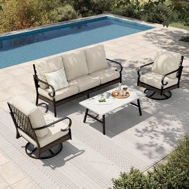 Main image of HERA'S HOUSE 4-Piece Metal Outdoor Conversation Set, 5 Seats, Black/Beige | Coffee Table, Single chairs could support up to 350lbs