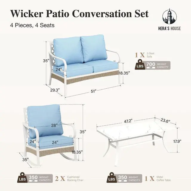 Alt view image 7 of 7 - HERA'S HOUSE 4-Piece Rattan Metal Patio Conversation Set, 4-Seat, White | Rocking Chairs, Coffee Table, All-Weather, For Garden, Deck, Backyard