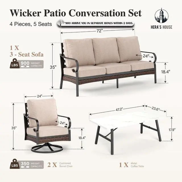 Alt view image 7 of 7 - HERA'S HOUSE 4-Piece Metal Outdoor Conversation Set, 5 Seats, Black/Beige | Coffee Table, Single chairs could support up to 350lbs