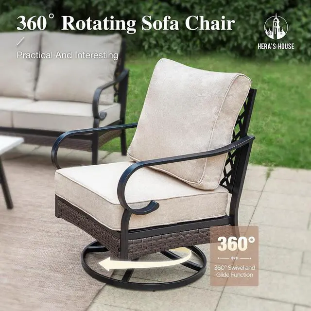 Alt view image 5 of 7 - HERA'S HOUSE 4-Piece Metal Outdoor Conversation Set, 5 Seats, Black/Beige | Coffee Table, Single chairs could support up to 350lbs