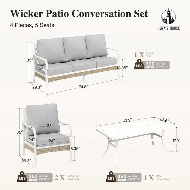 Alt view image 7 of 7 - HERA'S HOUSE 4-Piece Rattan Metal Outdoor Conversation Set, 5 Seats | White/Light Gray, Coffee Table, Single chairs could support up to 350lbs