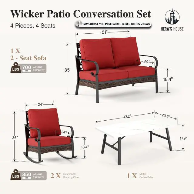 Alt view image 7 of 7 - HERA'S HOUSE 4 Piece Metal Patio Furniture Set, 2 x Rocking Cushioned Chair, 2-Seat Lover Sofa with Coffee Table, All Weather Outdoor Conversation Set for Lawn Garden Backyard Deck, Red