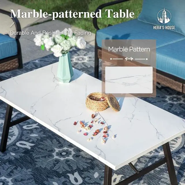 Alt view image 6 of 7 - HERA'S HOUSE 4-Piece Metal Outdoor Conversation Set, 5 Seats | Black/Pacific Blue, Coffee Table, Single chairs could support up to 350lbs