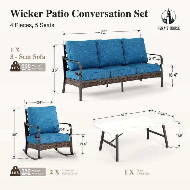 Alt view image 7 of 7 - HERA'S HOUSE 4-Piece Metal Outdoor Conversation Set, 5 Seats | Black/Pacific Blue, Coffee Table, Single chairs could support up to 350lbs