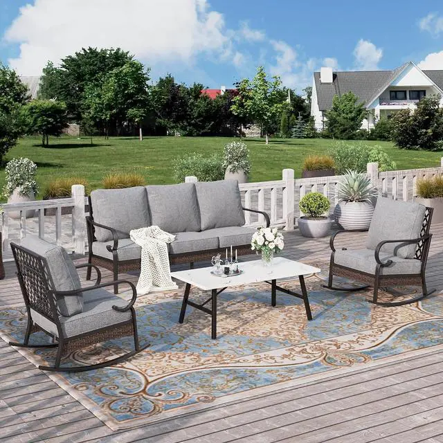 Main image of HERA'S HOUSE 4-Piece Metal Outdoor Conversation Set, 5 Seats, Black/Gray | Coffee Table, Single chairs could support up to 350lbs