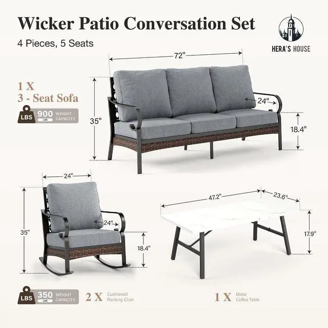 Alt view image 7 of 7 - HERA'S HOUSE 4-Piece Metal Outdoor Conversation Set, 5 Seats, Black/Gray | Coffee Table, Single chairs could support up to 350lbs