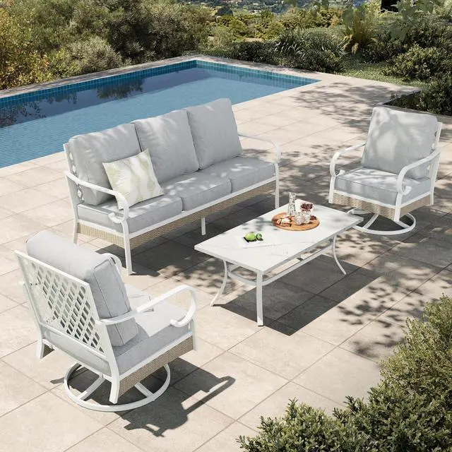 Main image of HERA'S HOUSE 4-Piece Rattan Metal Outdoor Conversation Set, 5 Seats | Coffee Table, Single chairs could support up to 350lbs