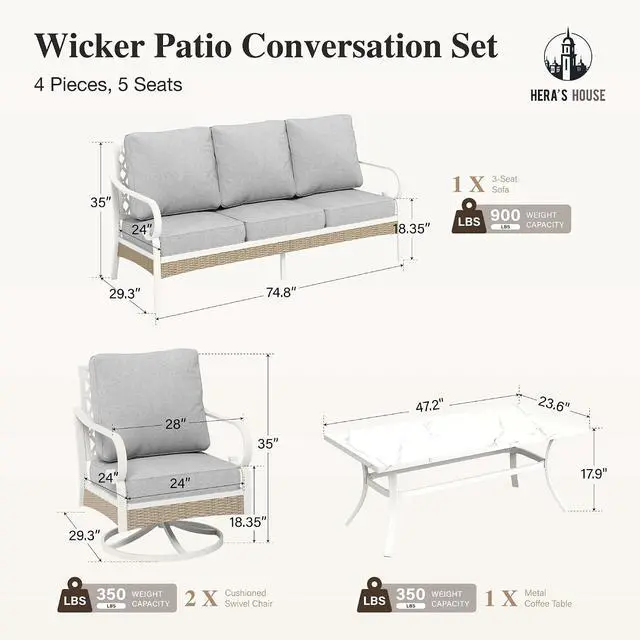 Alt view image 7 of 7 - HERA'S HOUSE 4-Piece Rattan Metal Outdoor Conversation Set, 5 Seats | Coffee Table, Single chairs could support up to 350lbs