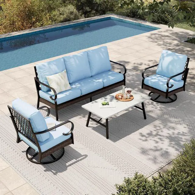 Main image of HERA'S HOUSE 4-Piece Metal Outdoor Conversation Set, 5 Seats, Black/Blue | Coffee Table, Single chairs could support up to 350lbs