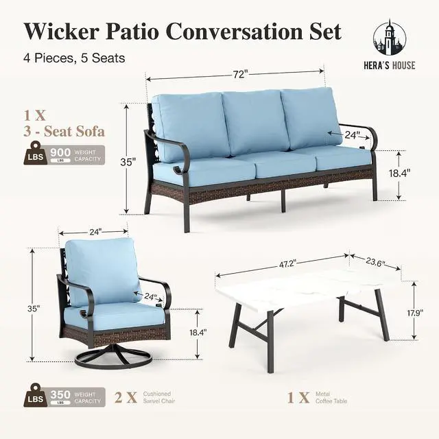 Alt view image 7 of 7 - HERA'S HOUSE 4-Piece Metal Outdoor Conversation Set, 5 Seats, Black/Blue | Coffee Table, Single chairs could support up to 350lbs