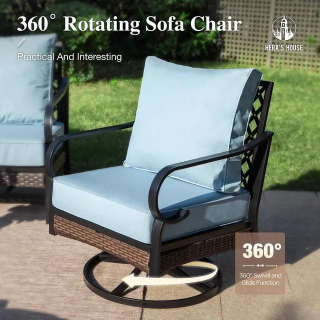 Alt view image 5 of 7 - HERA'S HOUSE 4-Piece Metal Outdoor Conversation Set, 5 Seats, Black/Blue | Coffee Table, Single chairs could support up to 350lbs