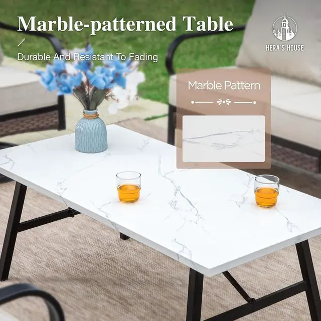Alt view image 7 of 7 - HERA'S HOUSE 5-Piece Metal Outdoor Conversation Set, 7 Seats | Black Frame/beige, Coffee Table, Single chairs could support up to 350lbs