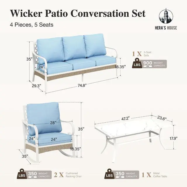 Alt view image 7 of 7 - HERA'S HOUSE 4-Piece Rattan Metal Patio Conversation Set, 5-Seat, White | 2 Rocking Chairs, 1 3-Seat Sofa, Rocking Chairs, Coffee Table, All-Weather, For Garden, Deck, Backyard