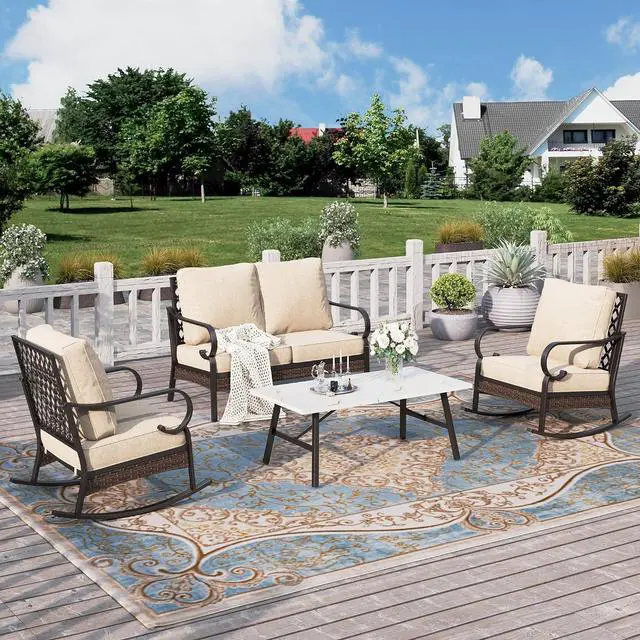 Main image of HERA'S HOUSE 4-Piece Metal Outdoor Conversation Set, 4 Seats, Black/Beige | Coffee Table, Single chairs could support up to 350lbs