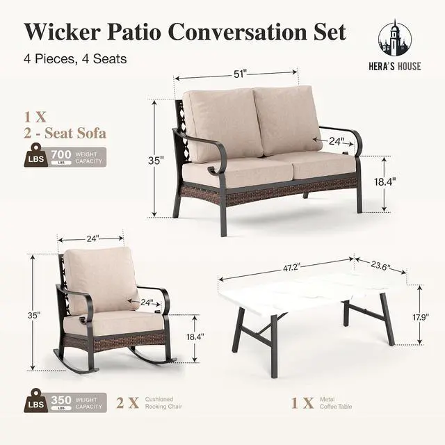 Alt view image 7 of 7 - HERA'S HOUSE 4-Piece Metal Outdoor Conversation Set, 4 Seats, Black/Beige | Coffee Table, Single chairs could support up to 350lbs