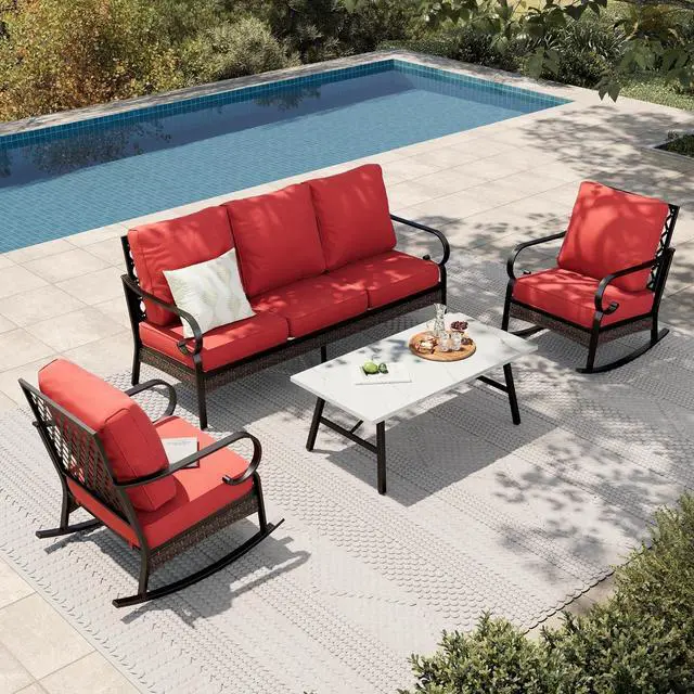 Main image of HERA'S HOUSE 4 Piece Metal Patio Furniture Set, All Weather Outdoor Conversation Set with 3 Seat Sofa, 2 Rocking Chairs & Coffee Table, Seats 5 for Backyard, Garden, Deck, Red