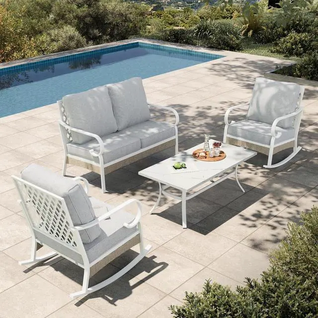 Main image of HERA'S HOUSE 4-Piece Rattan Metal Outdoor Conversation Set, 4 Seats | White/Light Gray, Coffee Table, Single chairs could support up to 350lbs