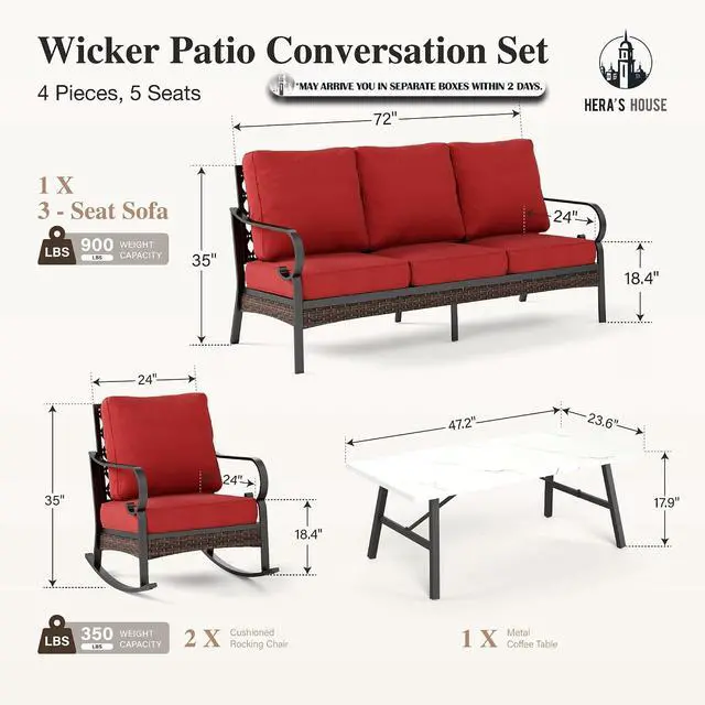 Alt view image 7 of 7 - HERA'S HOUSE 4 Piece Metal Patio Furniture Set, All Weather Outdoor Conversation Set with 3 Seat Sofa, 2 Rocking Chairs & Coffee Table, Seats 5 for Backyard, Garden, Deck, Red